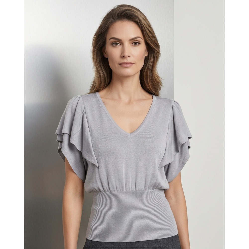 Torrid 3 Gray Flutter Sleeve V-Neck Ribbed Waist Knit Top Plus Size 3X‎